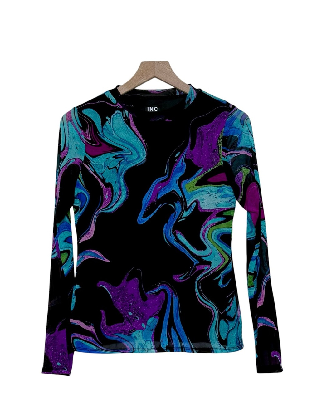 Y2K Psychedelic Trippy Liquid Marble Cyber Mesh Long Sleeve Top Small Neon Noir